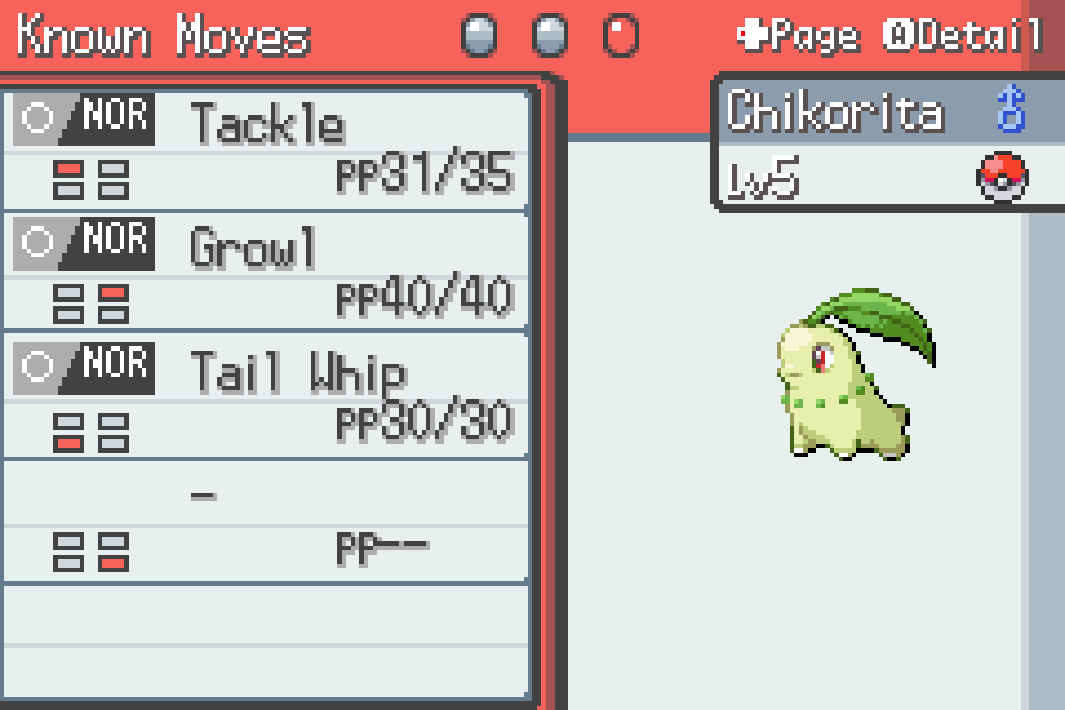 Chikorita's move summary lists Tackle, Growl and Tail Whip.