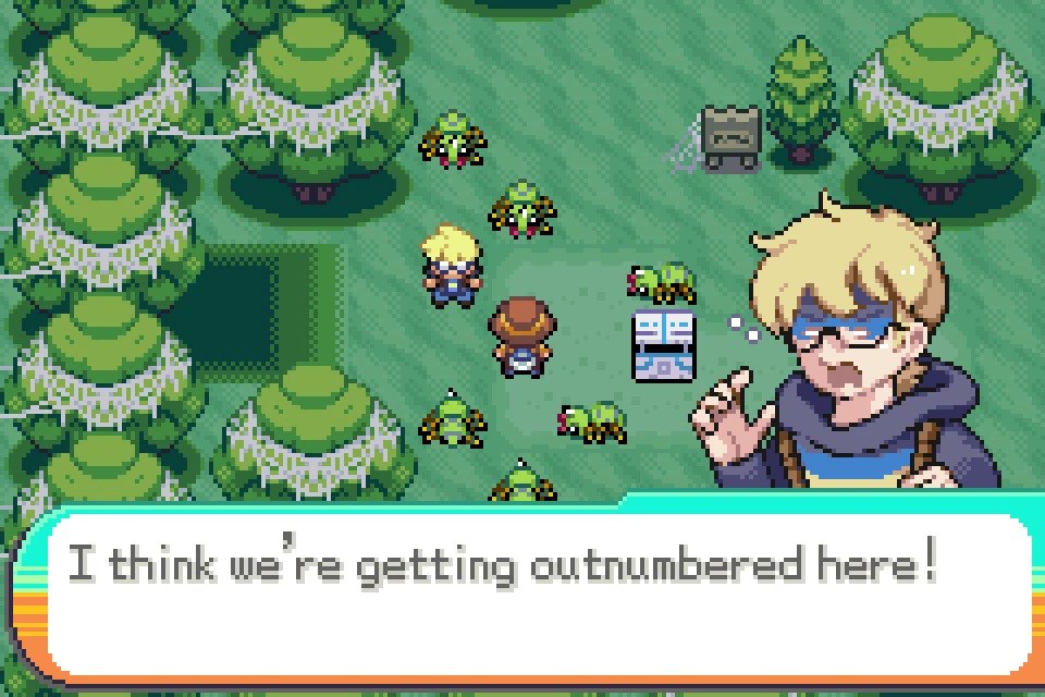 A blond character warns of being outnumbered beside a forest clearing.