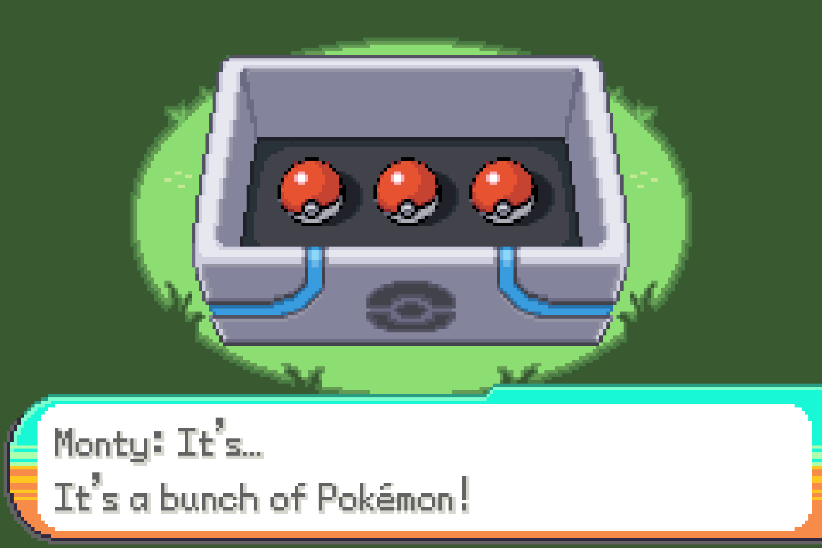 Three Poke Balls sit in an open case above Monty dialogue.