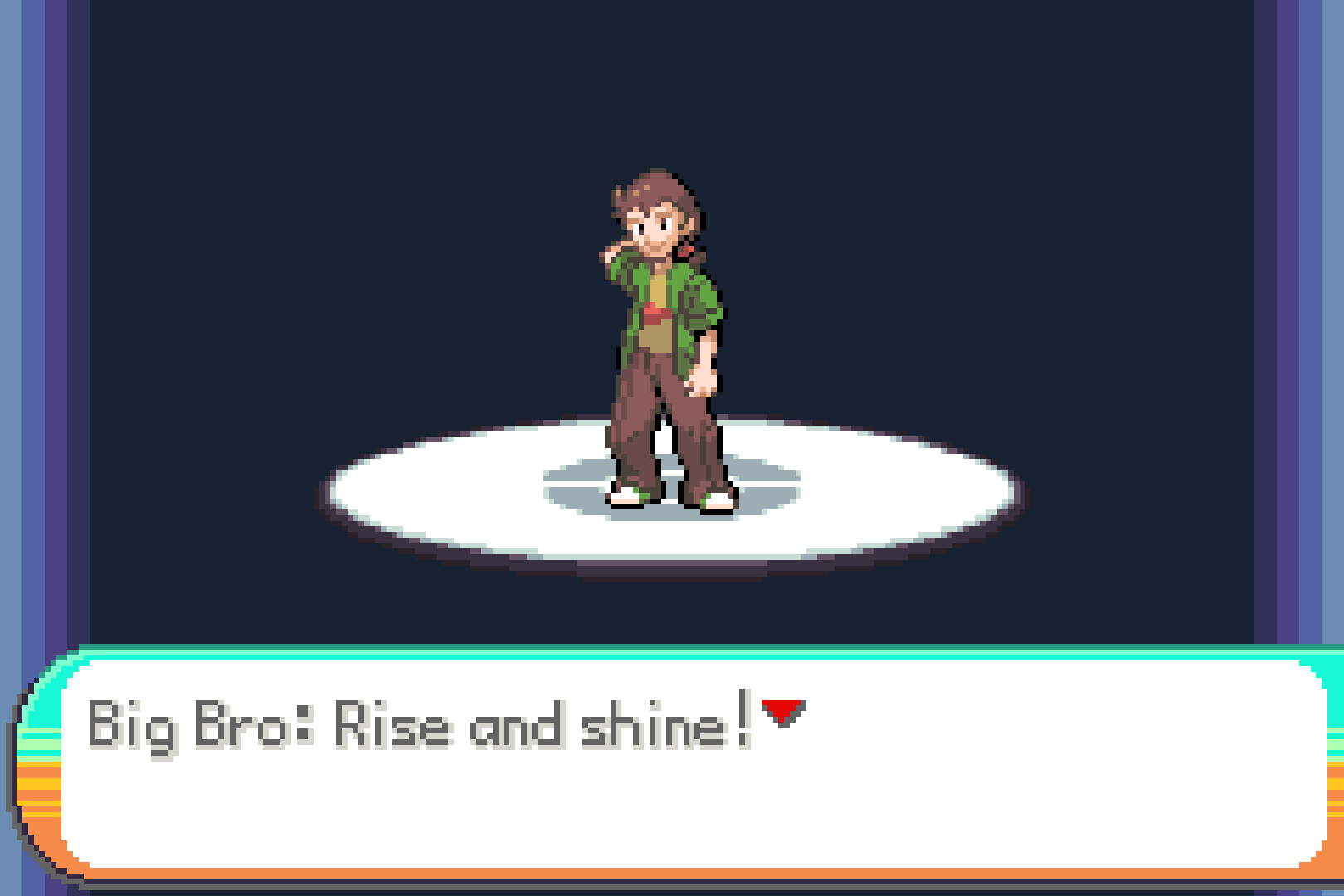 A character stands under a spotlight above the words Rise and shine.