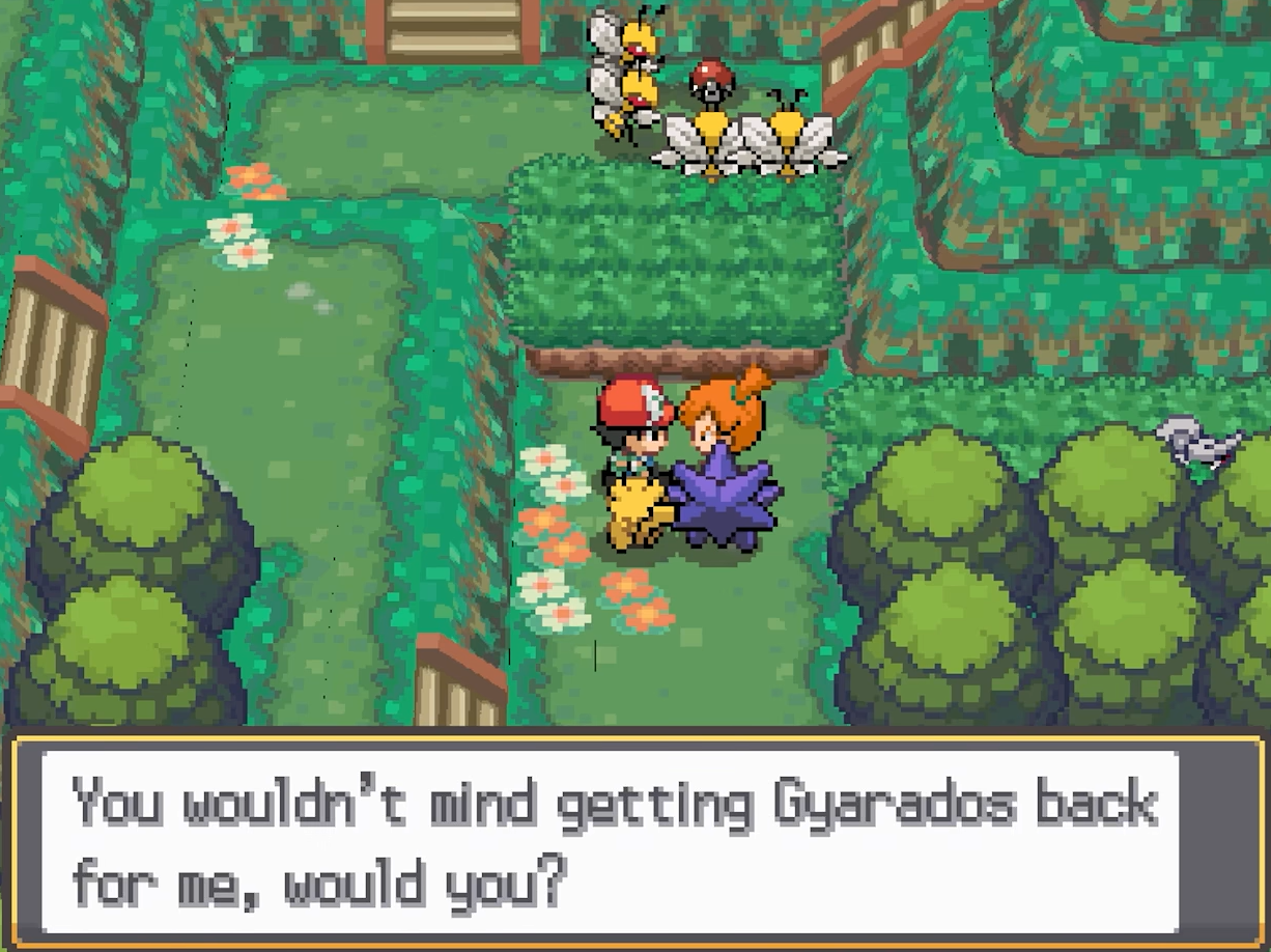 A character asks the player to retrieve Gyarados in a forest clearing.